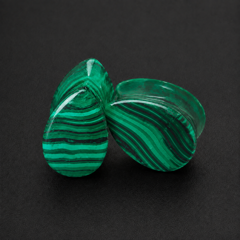 Green Malachite Teardrop Ear Plugs - Double Flare Stone Gauges for Stretched Ears (Sold as Pair)