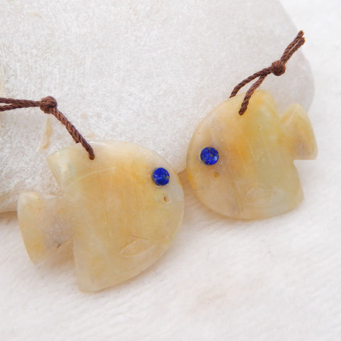 Intarsia of Amazonite And Malachite Carved Fish Earring Beads 29x24x5mm, 9.4g