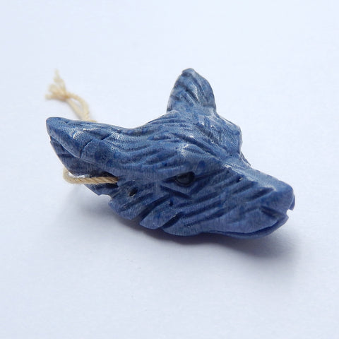 Perle pendentif tête de loup sculptée en corail bleu fait à la main, 33x24x11mm, 8.2g