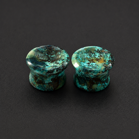 Natural Chrysocolla Mayan Flare Plugs with Concave Front & Back - Hand-Carved Gemstone Gauges (Sold as Pair)