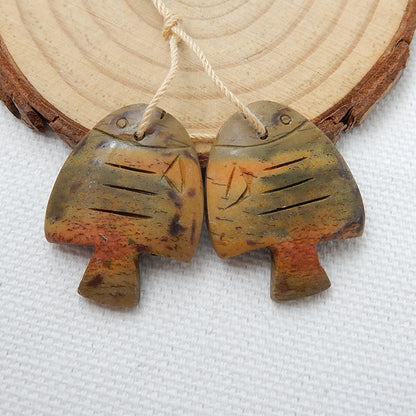 Offre spéciale paire de boucles d'oreilles en poisson sculpté Red Creek Jasper, pierre pour la fabrication de boucles d'oreilles, 30x25x4mm, 9.8g