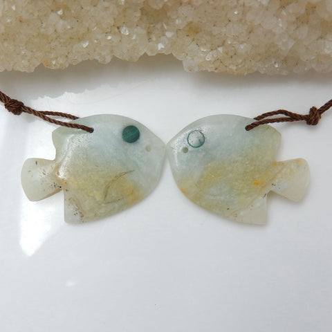 Intarsia of Amazonite And Malachite Carved Fish Earring Beads 29x24x5mm, 9.4g