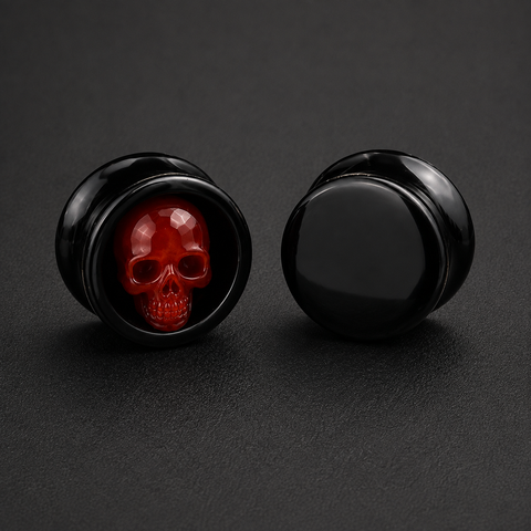 Black Obsidian Skull Ear Plugs with Carnelian Inlay, Gothic Double Flared Gauges, Handmade Stone Ear Gauges