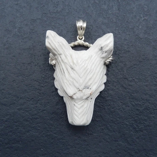 Natural Howlite wolf head Pendant with 925 Sterling Silver 42x31x15mm, 22.9g