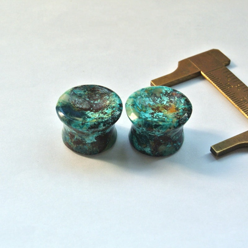 22mm Chrysocolla Ear Plugs with concave face and back, 13 thickness, Mayan flare