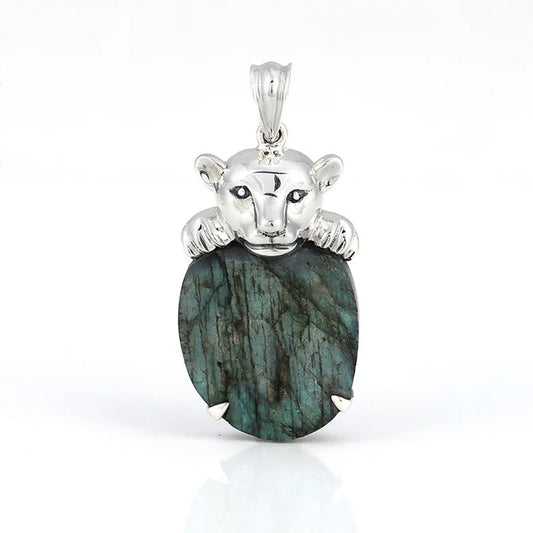 Natural Labradorite with 925 Sterling Silver Leopard Head Accessory 38x21x10mm, 13.4g