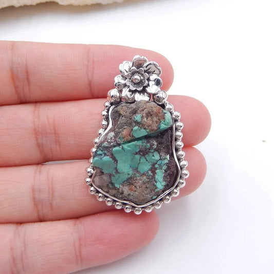 Natural Turquoise Pendant with 925 Sterling Silver flower Accessory 37x25x10mm, 14.2g