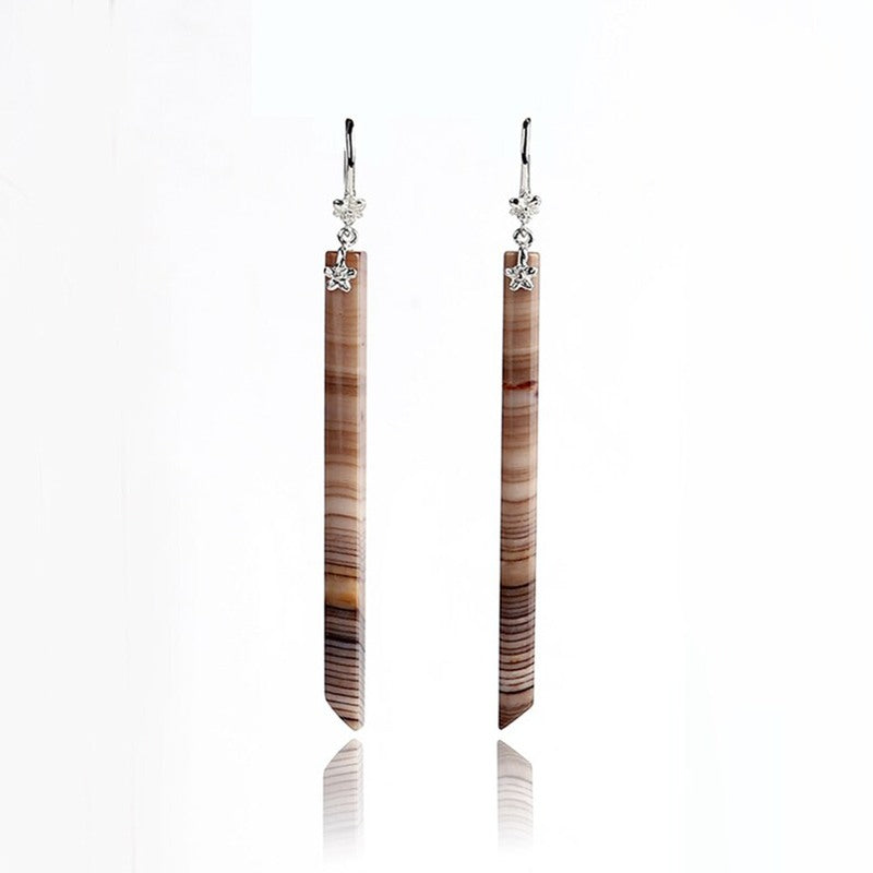 Natural Wood Fossil Long Dangle Earrings with 925 Sterling Silver Accessory 56x4mm, 5.4g
