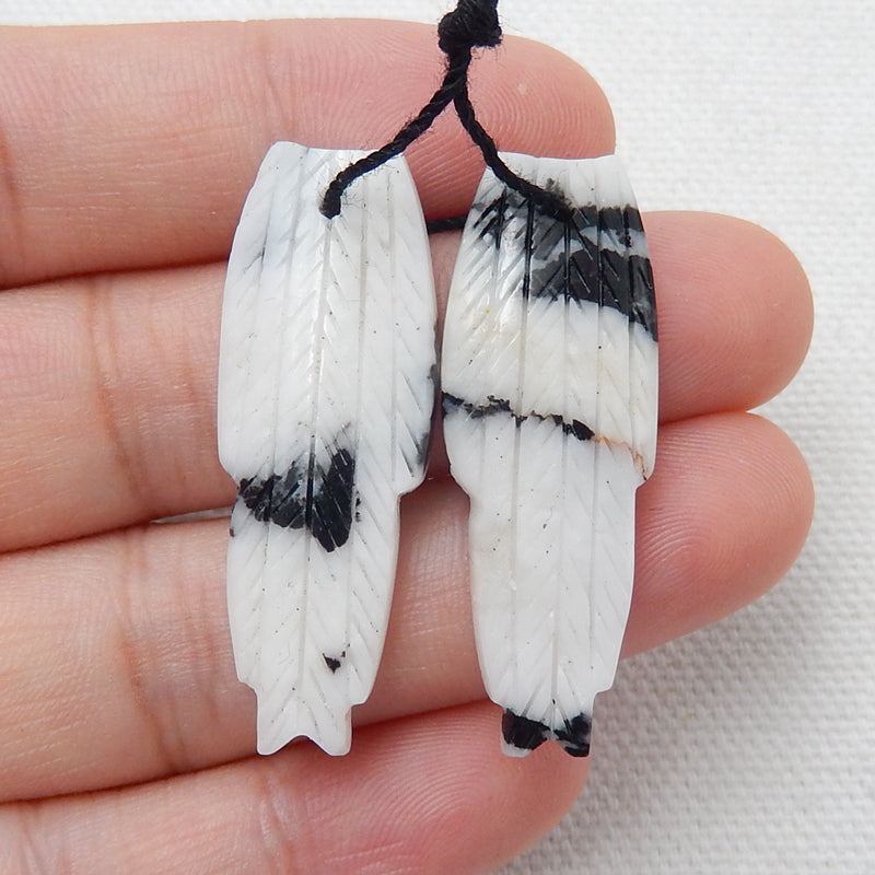Natural White Zebra Jasper Carved feather Earring Beads 35x14x4mm, 7.1g