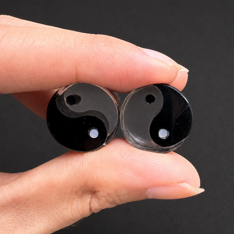 Clear Quartz & Black Tourmaline Yin-Yang Stone Plugs - Handcrafted Double Flare Gauges