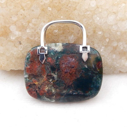 Natural Ocean Jasper Carved handbag Pendant with 925 Silver Accessory 43x41x10mm, 26g