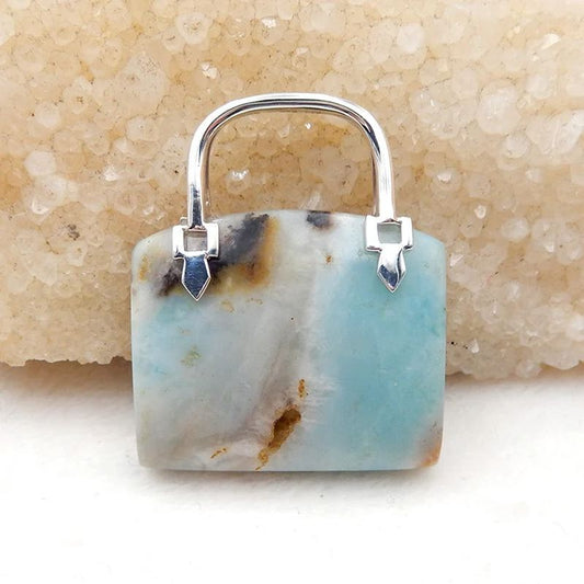 Natural Amazonite Carved handbag Pendant with 925 Silver Accessory 41x35x10mm, 22g
