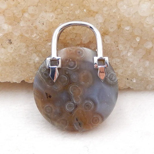 Natural Ocean Jasper Carved handbag Pendant with 925 Silver Jewelry 39x30x9mm, 17g