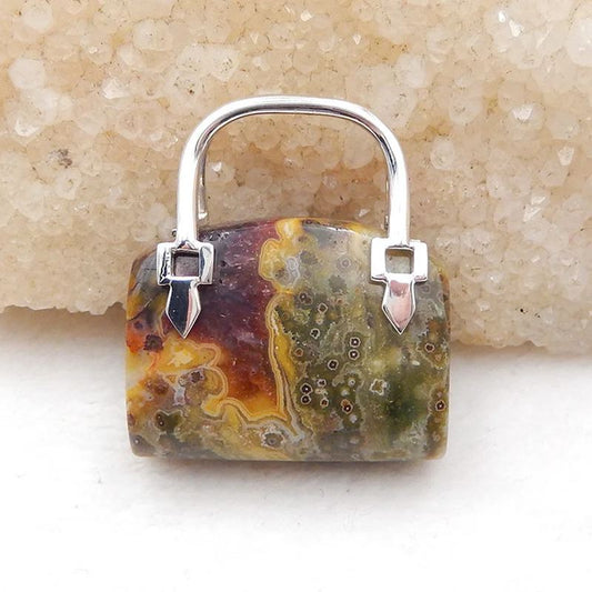 Natural Ocean Jasper Carved handbag Pendant with 925 Silver Accessory 34x29x12mm, 18g
