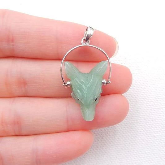 Natural Green Aventurine Carved wolf head Pendant with 925 Sterling Silver 21x15x8mm, 3g