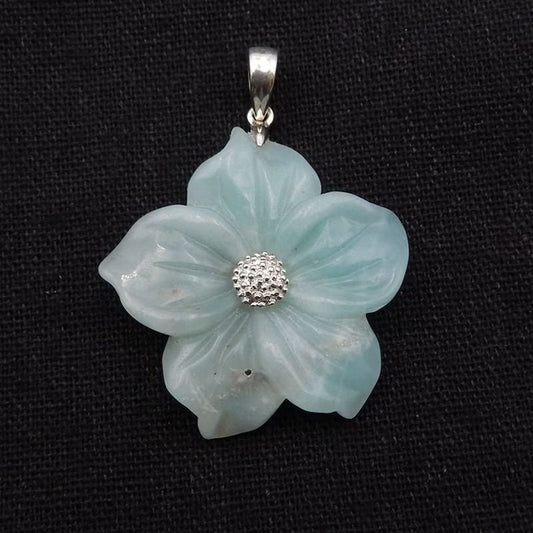 Natural Amazonite Carved flower Pendant with 925 Sterling Silver Pinch Bail 33x32x6mm, 9g