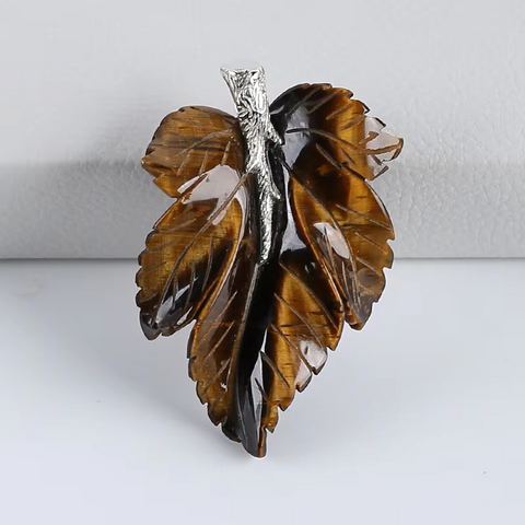 925 Sterling Silver Pendant Natural Stone Tiger-Eye Handcarved Leaf Pendant Bead Necklace Accessories 59x39x7mm 20.7g
