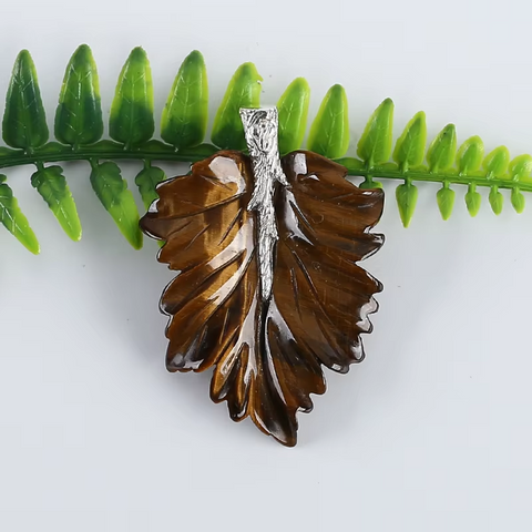 925 Sterling Silver Pendant Natural Stone Tiger-Eye Handcarved Leaf Pendant Bead Necklace Accessories 59x39x7mm 20.7g