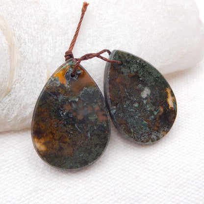 Belle paire de boucles d'oreilles percées en agate mousse en forme de larme 31 x 22 x 4 mm, 9,4 g