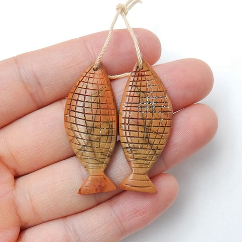 Natural Red Creek Jasper Carved fish Earring Beads 37x14x3mm, 6.4g