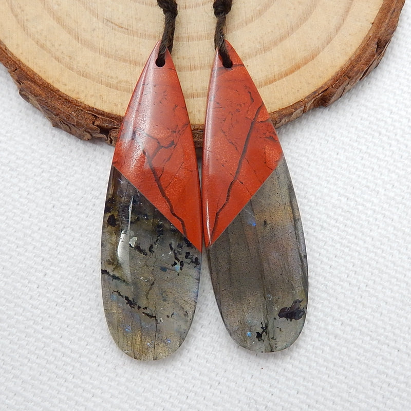 Paire de boucles d'oreilles collées en forme de goutte de labradorite et de jaspe de rivière rouge, 42x13x5 mm, 8,8 g