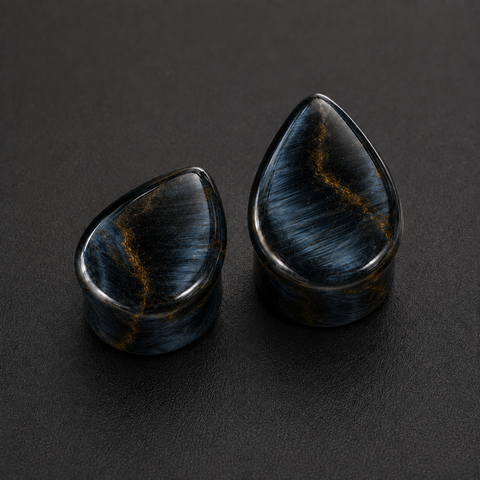 Natural Blue Tiger Eye Teardrop Plugs - Hawk's Eye Stone Double Flare Gauges (1 Pair)
