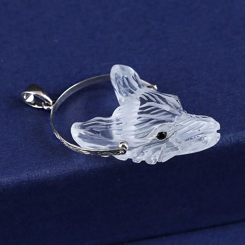 White Quartz Carved wolf head Pendant with 925 Silver 35x26x13mm, 13g