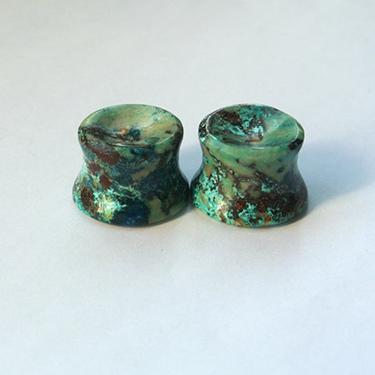 22mm Chrysocolla Ear Plugs with concave face and back, 13 thickness, Mayan flare