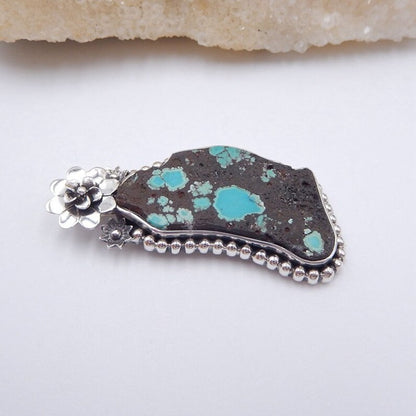 Natural Turquoise Pendant with 925 Sterling Silver flower Accessory 53x26x6mm, 14.8g
