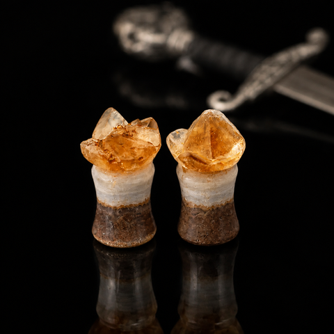 Raw Citrine Cluster Double Flared Plugs - Handcrafted Stone Gauge Pair