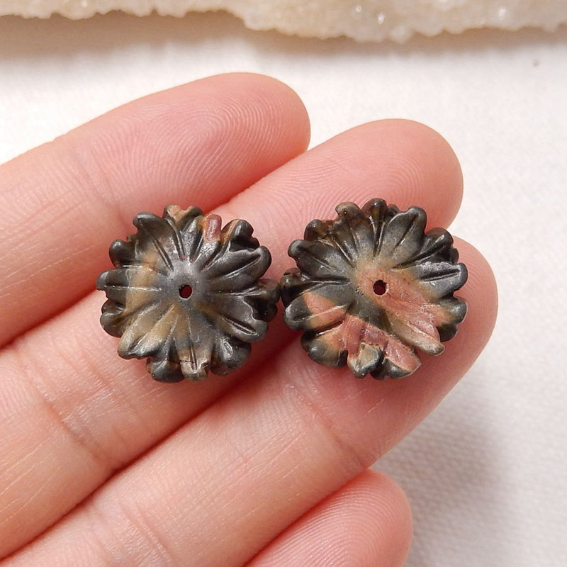 Natural Red Creek Jasper Carved flower Earring Beads 16x5mm, 2.7g