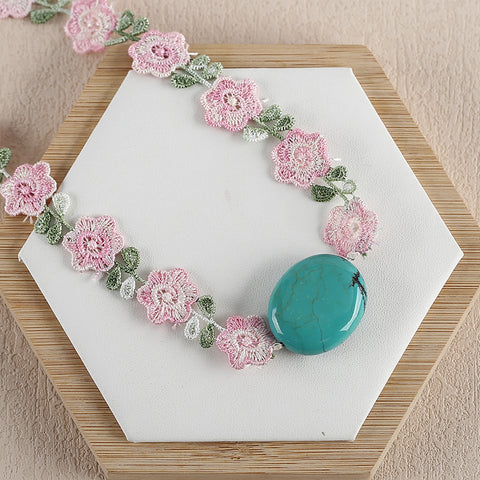 Natural Turquoise and Lace Necklace,Turquoise Bead Strands Handmade Gemstone,Lucky Stone,1 Strand,30 Inch,31x26x10mm,16.6g