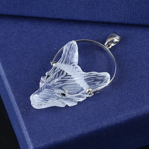 White Crystal Carved Wolf Head Pendant With 925 Sterling Silver,35x26x13mm, 13g