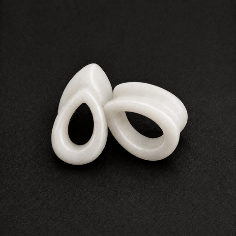 Natural White Jade Teardrop Hollow Plugs — Handcrafted Gemstone Ear Gauge Pair