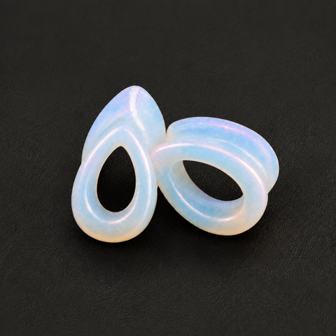 Opalite Teardrop Hollow Plugs — Handcrafted Iridescent Glass Ear Gauge Pair
