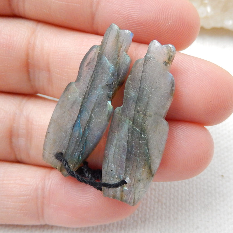 Natural Labradorite Carved feather Earring Beads 33x14x4mm, 5.7g