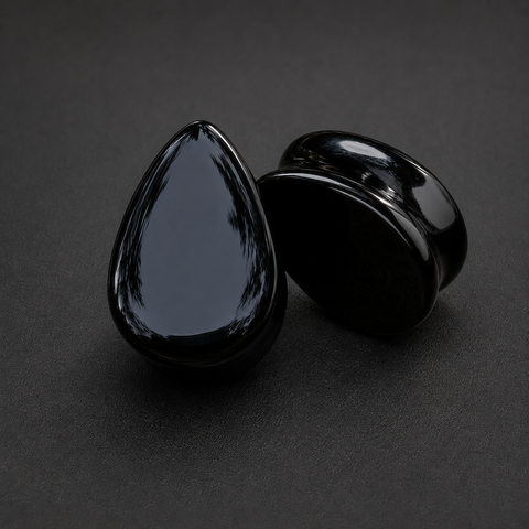 Natural Black Obsidian Teardrop Stone Plugs - Double Flare Ear Gauges