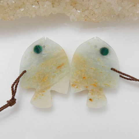 Intarsia of Amazonite And Malachite Carved Fish Earring Beads 29x24x5mm, 9.4g