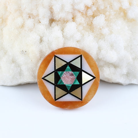 Intarsia of Sunstone, White Jade, Shell, Obsidian, Malachite and Argentina Rhodochrosite Cabochon