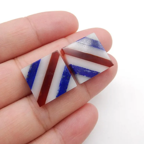 Lapis Lazuli, Red Agate, White Jade Intarsia Gemstone Cabochons Bead, 22x4mm, 5.5g