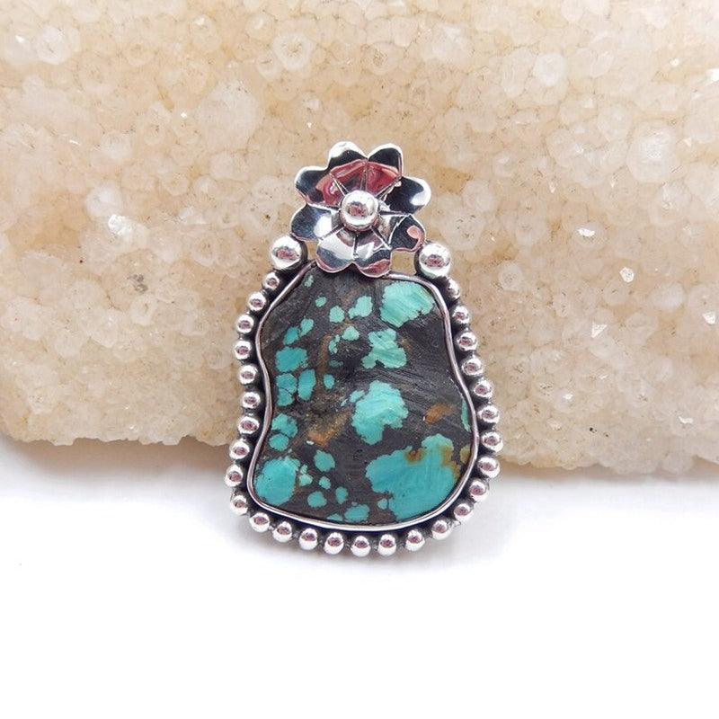 Natural Turquoise Pendant with 925 Sterling Silver flower Accessory 38x26x6mm, 9.1g