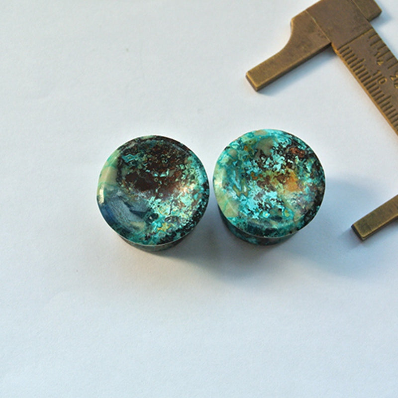 22mm Chrysocolla Ear Plugs with concave face and back, 13 thickness, Mayan flare