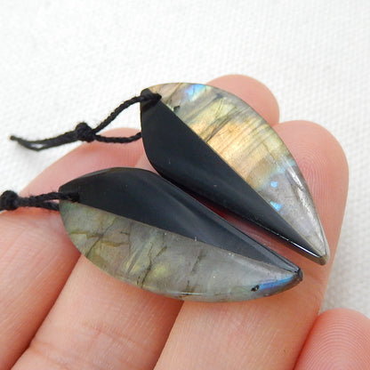 Intarsia of Obsidian and Labradorite Earring Beads 33x13x4mm, 4.3g