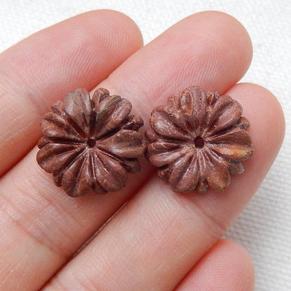 Natural Red Creek Jasper Carved flower Earring Beads 16x5mm, 2.7g