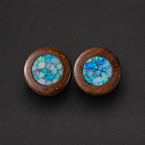 Natural Stone Ear Plugs for Stretched Ears, Boulder Opal Double Flared Gemstone Gauges with Opal Fragment Inlay
