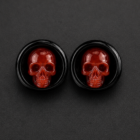 Black Obsidian Skull Ear Plugs with Carnelian Inlay, Gothic Double Flared Gauges, Handmade Stone Ear Gauges