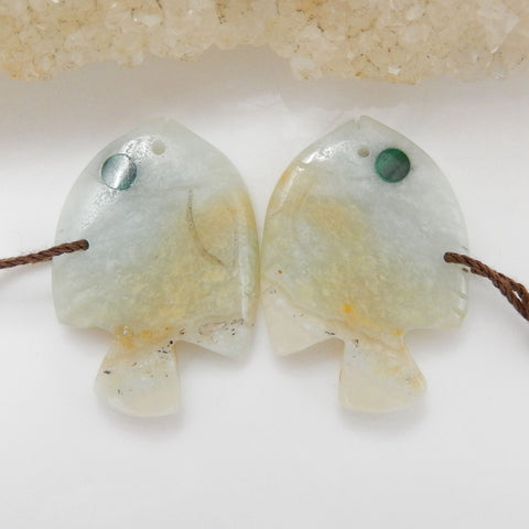 Intarsia of Amazonite And Malachite Carved Fish Earring Beads 29x24x5mm, 9.4g