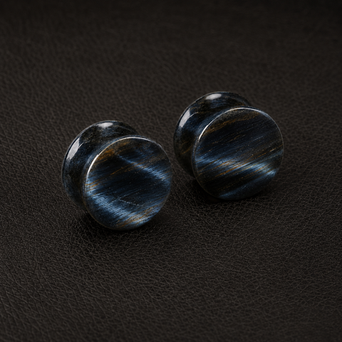 Blue Tiger's Eye Plugs, Hawk's Eye Stone Ear Gauges, Double Flare Saddle Plugs, Organic Body Jewelry, Pair of Indigo Ear Stretchers