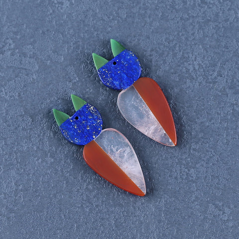 Intarsia Of African Jade, Lapis Lazuli, Red Agate And Rose Quartz Earring Beads 46*17*3mm