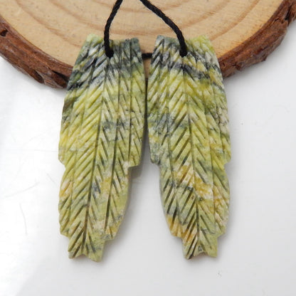 Natural Serpentine Carved feather Earring Beads 40x14x4mm, 6.5g